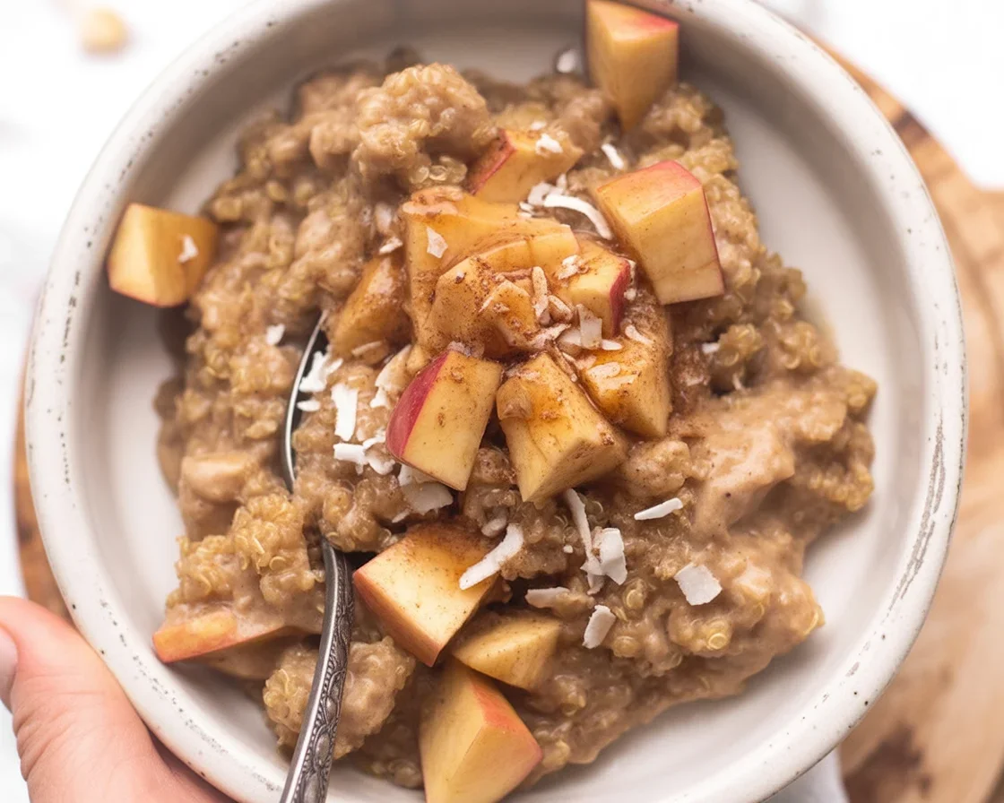 Delicious breakfast quinoa with cinnamon apples served in a bowl