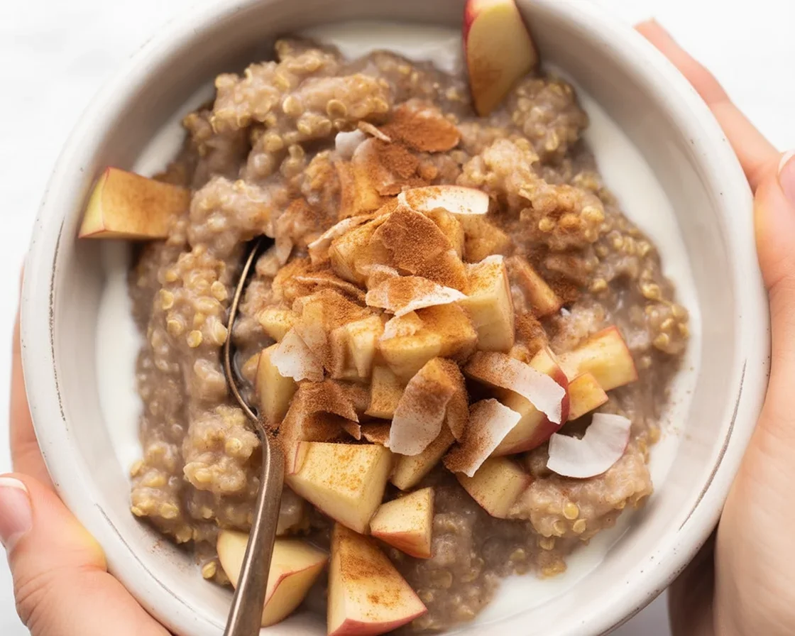 Bowl of quinoa porridge with cinnamon and diced apples for a healthy breakfast