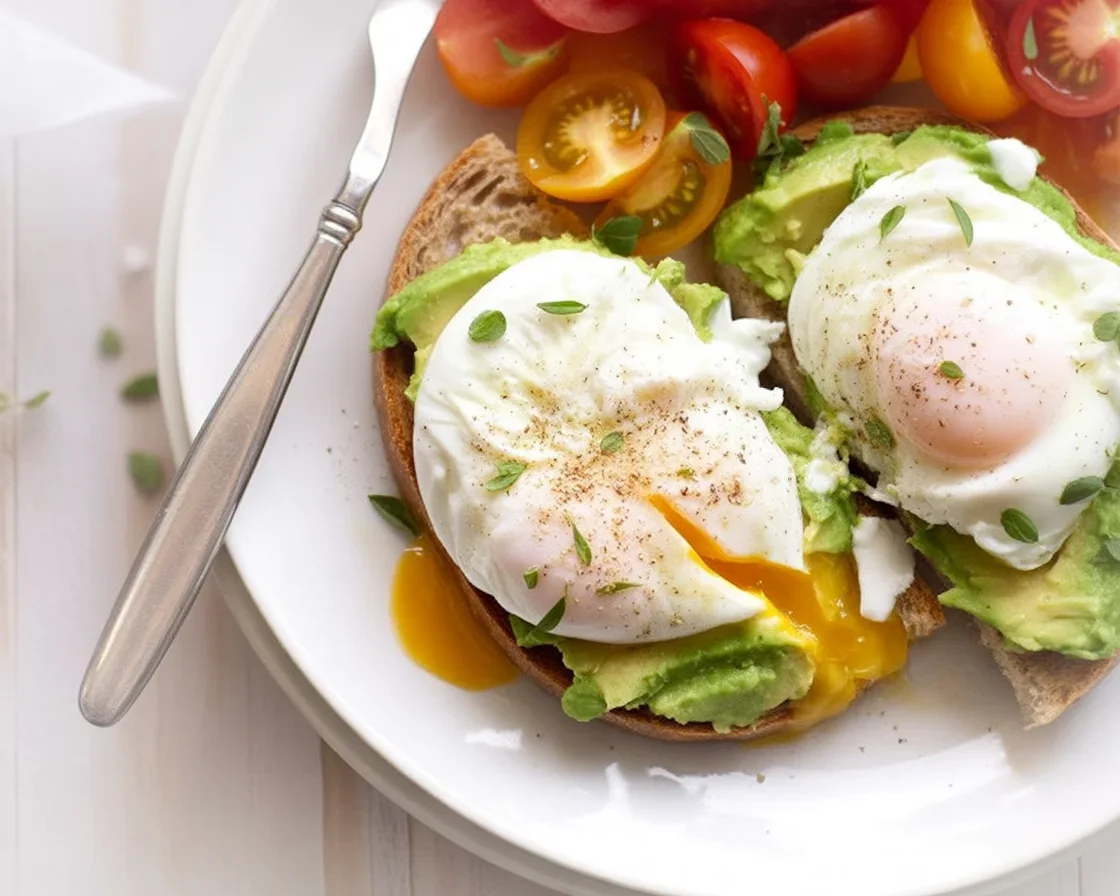 Avocado toast with poached egg on wholegrain bread topped with greens.