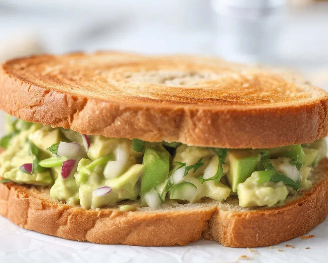 Avocado tuna salad sandwich with celery and red onion on toasted sourdough bread.