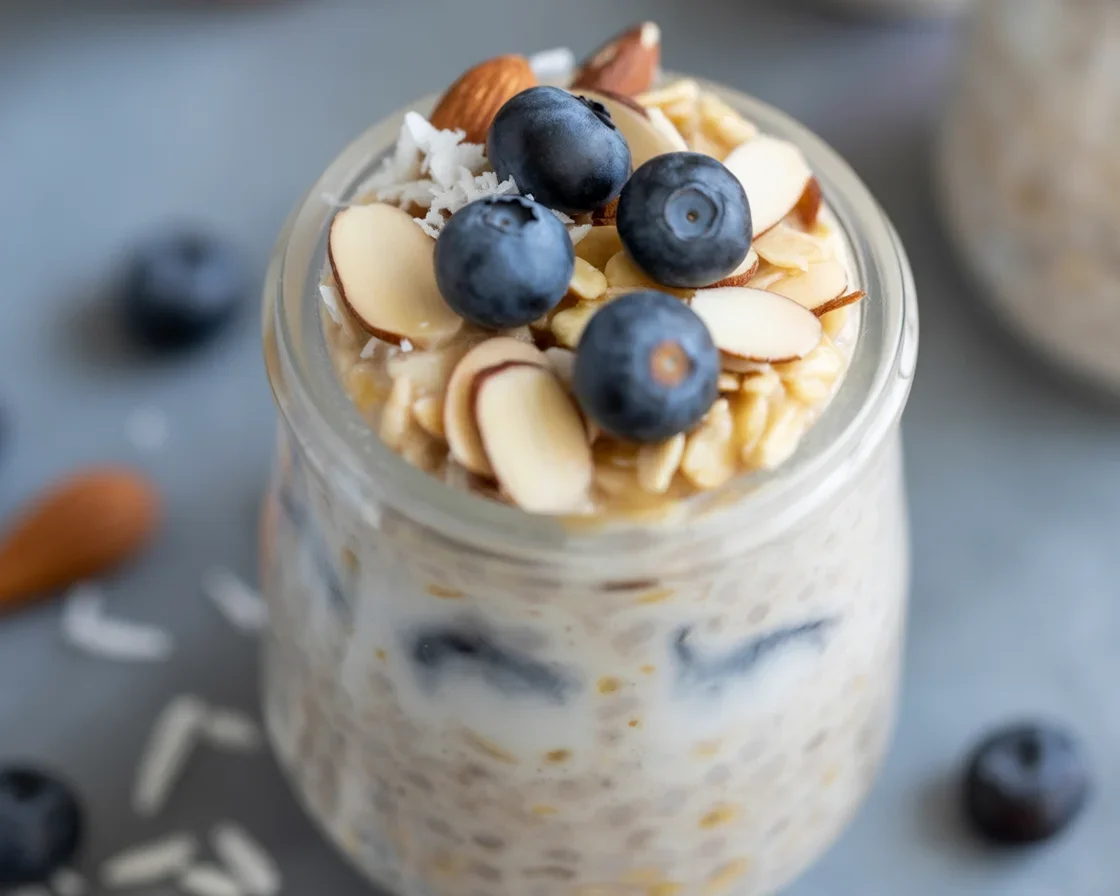 Blueberry almond butter overnight oats in a glass jar with blueberries on top