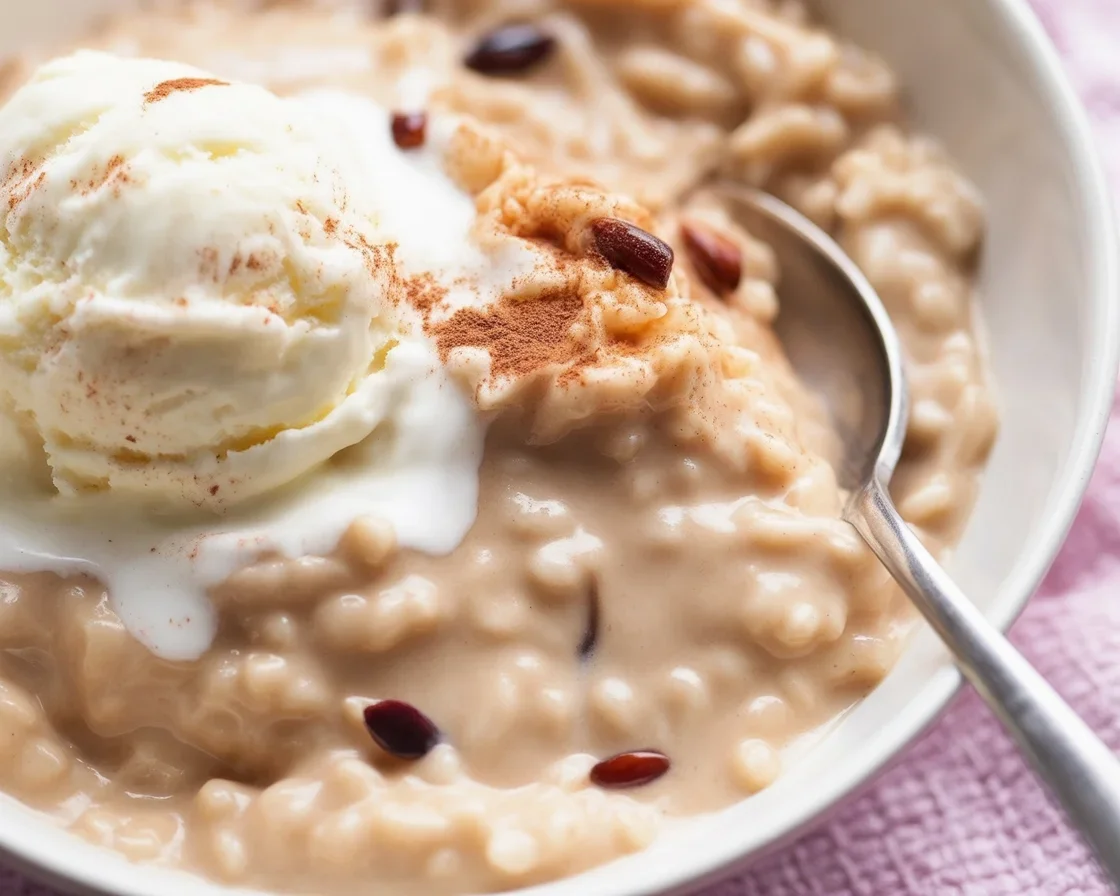 Bowl of creamy rice pudding with cinnamon and raisins on a wooden table.