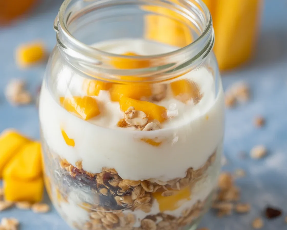 Bowl of mango and coconut overnight oats topped with fresh mango slices.