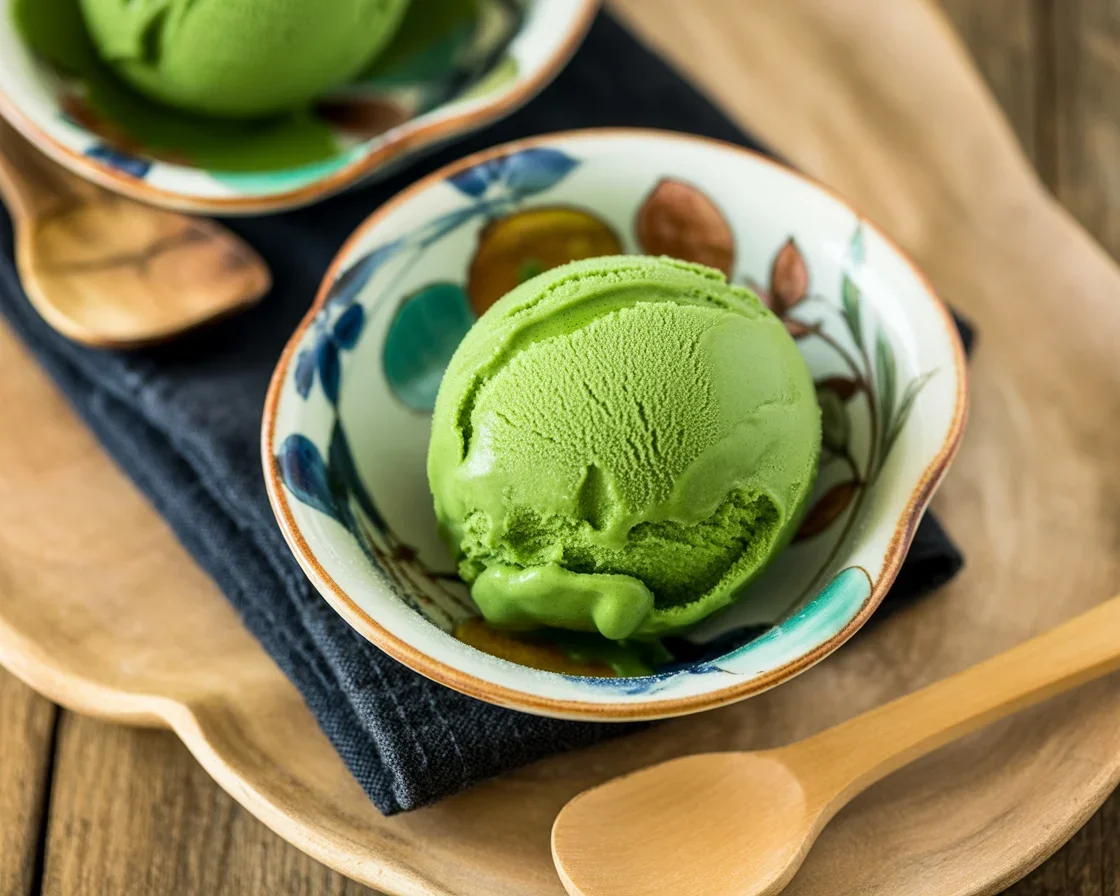 Creamy matcha green tea ice cream in a bowl garnished with matcha powder.