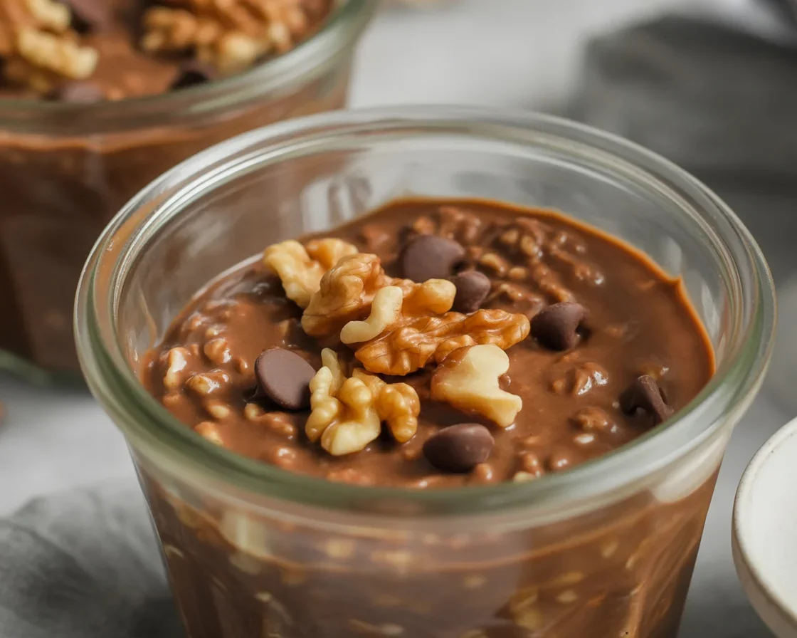 Healthy brownie batter protein overnight oats in a mason jar with chocolate toppings.
