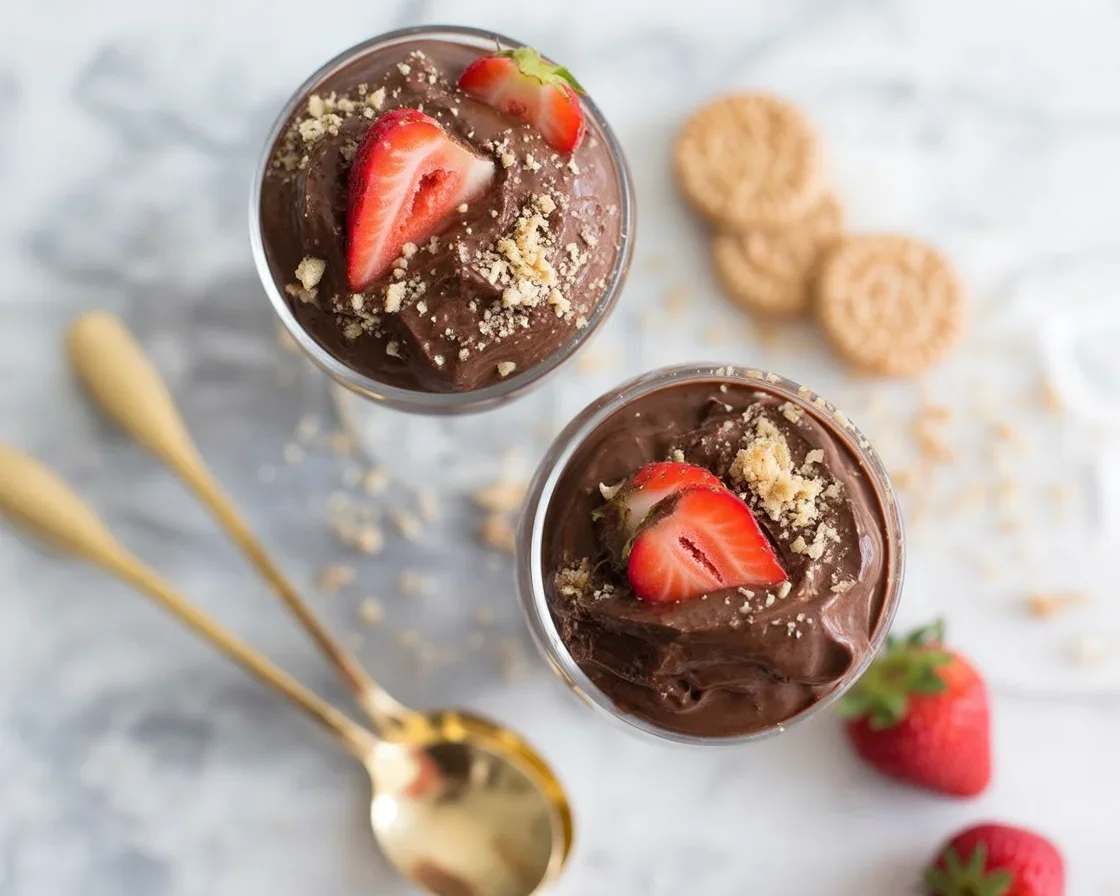 Chocolate avocado mousse parfaits with graham cracker crust, vegan and paleo dessert.