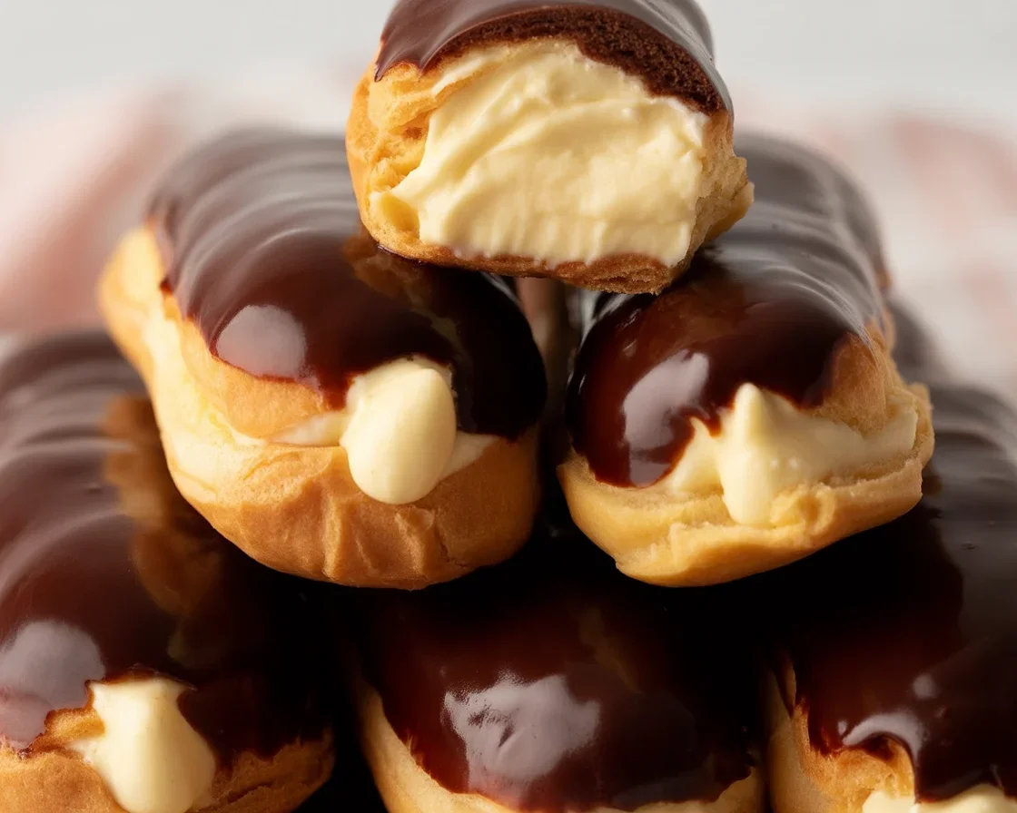 Delicious homemade chocolate eclairs filled with creamy pastry cream and topped with chocolate glaze.
