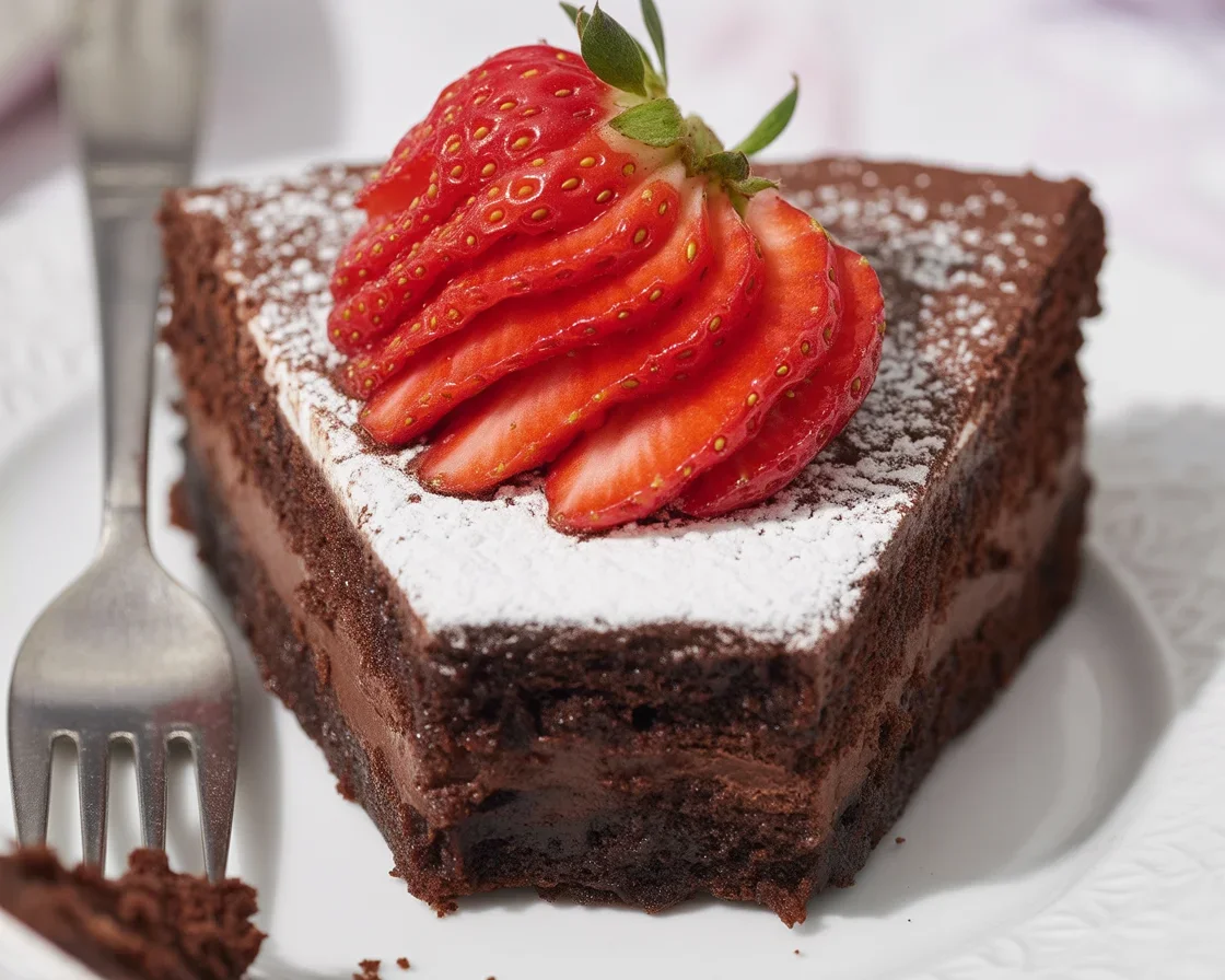 Decadent flourless chocolate cake topped with chocolate ganache glaze.