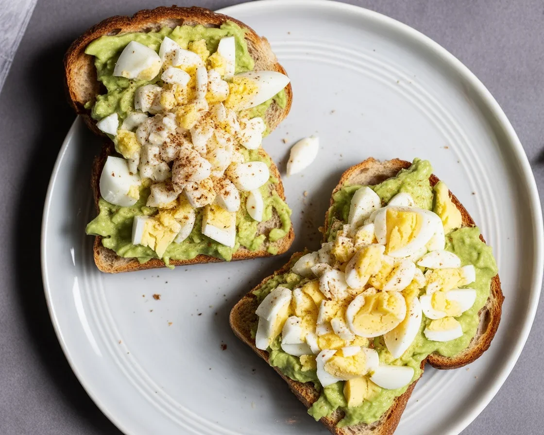 Delicious avocado egg salad toast topped with fresh herbs and sliced green onions