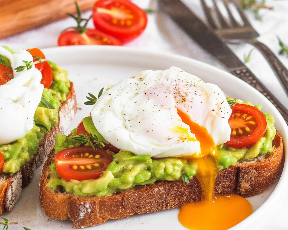 Avocado toast topped with a poached egg and cherry tomatoes on crispy bread.