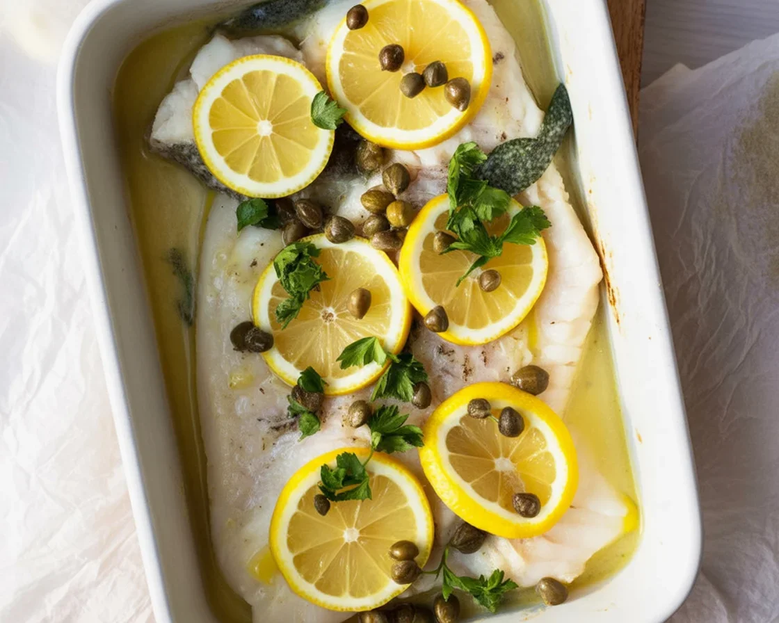 Baked cod with lemon caper sauce served on a plate with fresh garnish
