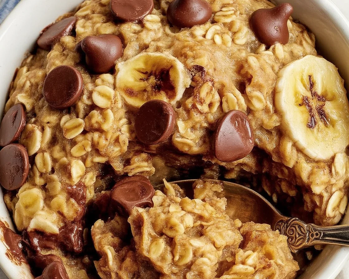 Delicious baked oats with banana and chocolate chip topping, a healthy breakfast option.