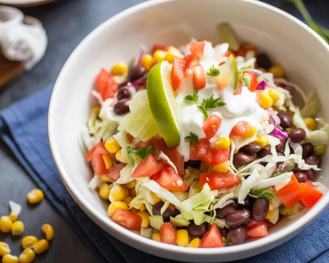 Black bean quinoa lunch bowl with fresh veggies and lime dressing.