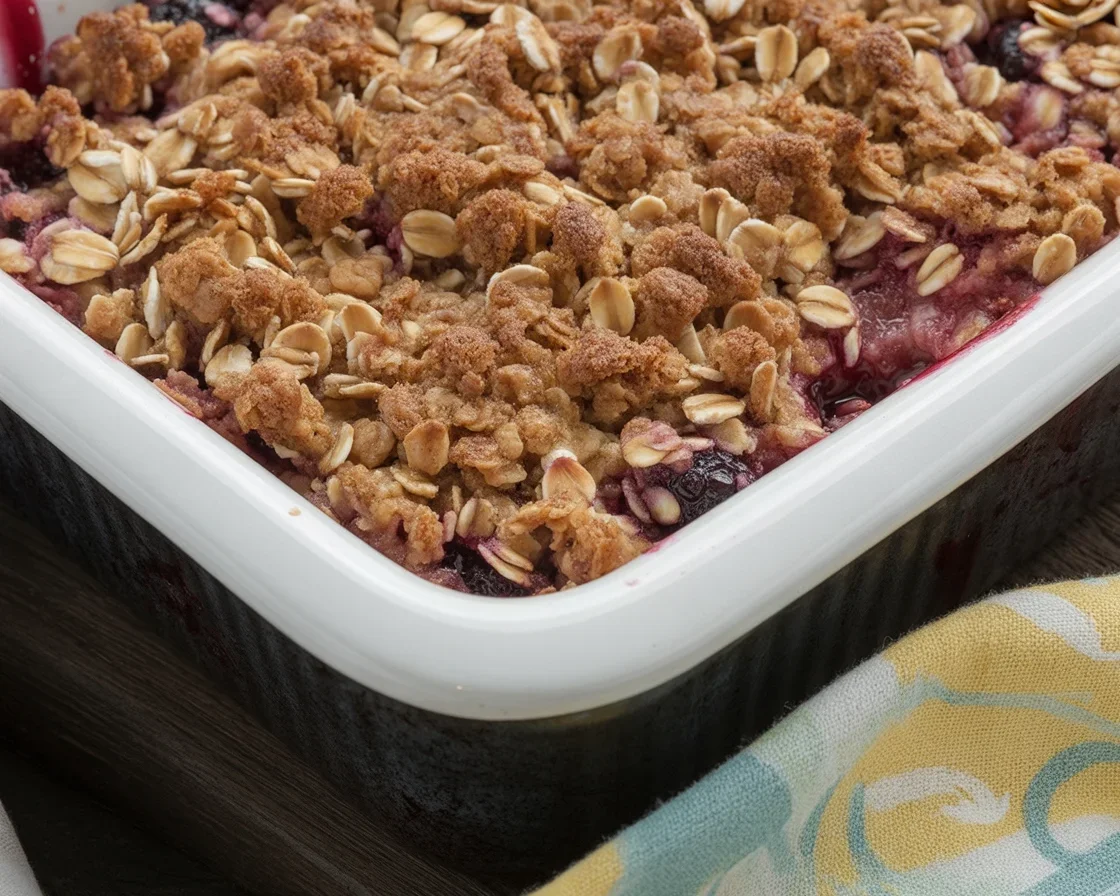 Delicious blackberry crumble with oats served in a rustic dish