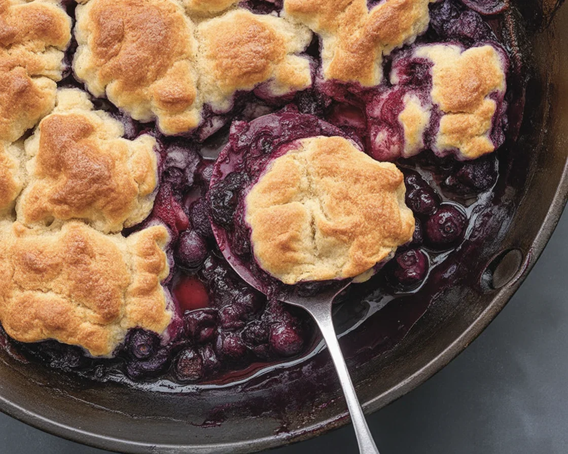 Delicious blueberry cobbler with biscuit topping served with vanilla ice cream.