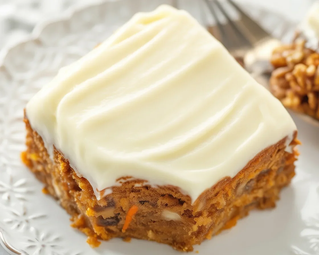 Moist carrot cake with pineapple and walnuts topped with cream cheese frosting.