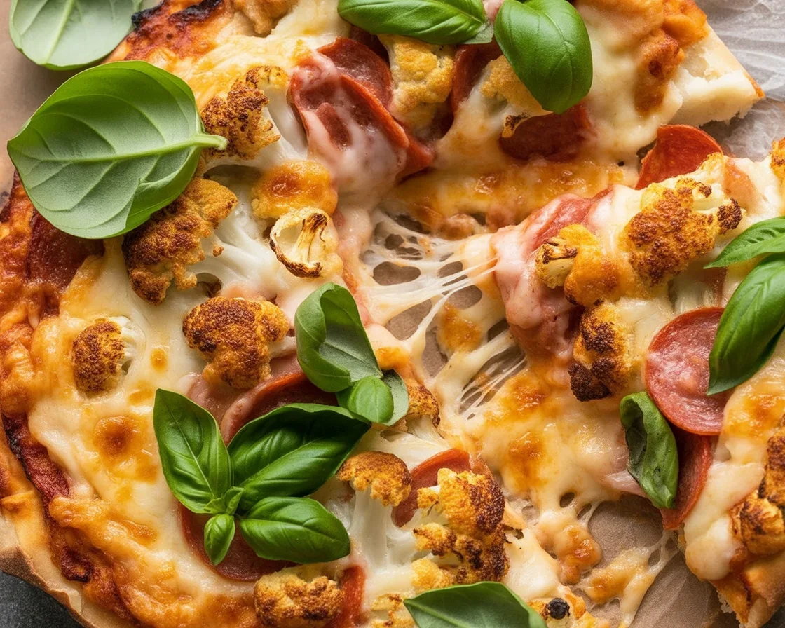 Gluten-free cauliflower crust pepperoni pizza with cheese and fresh toppings.