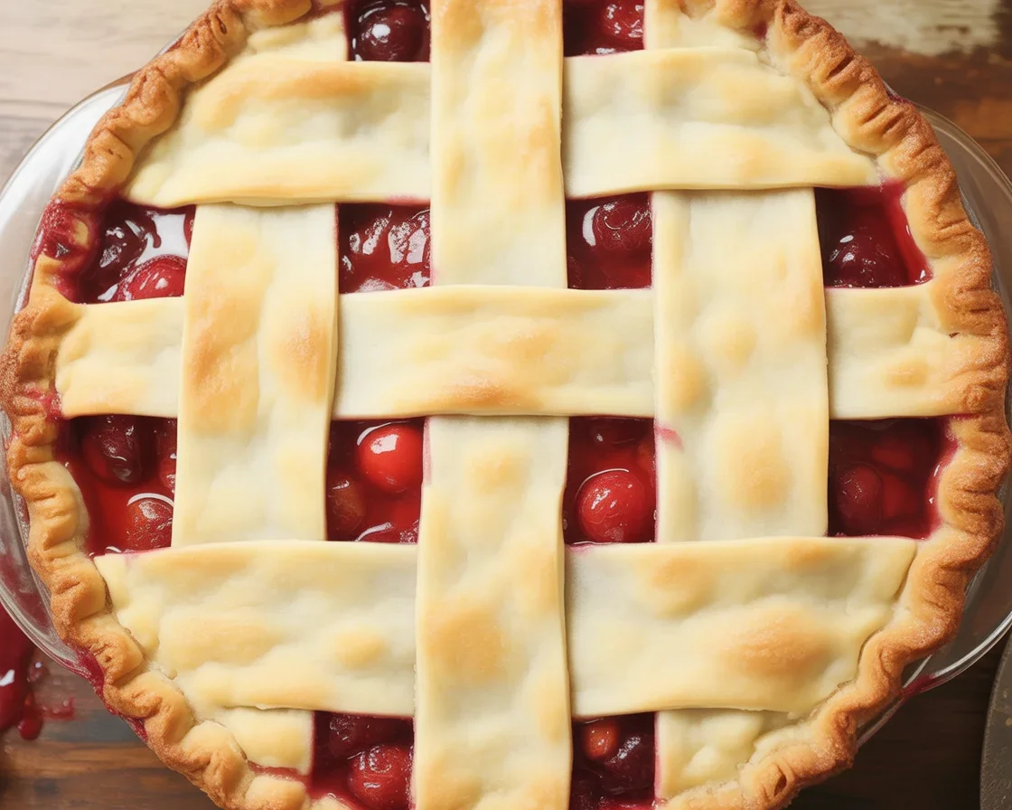 Homemade cherry pie with a decorative lattice crust.