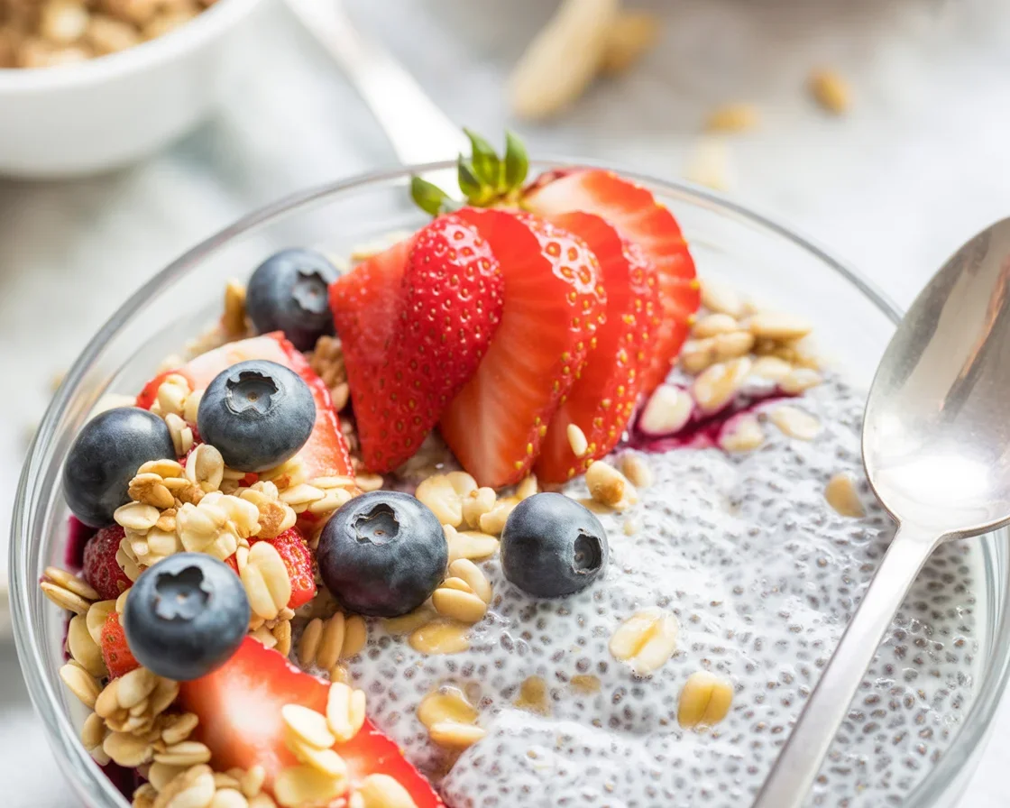 Chia seed pudding made with coconut milk and topped with fresh berries