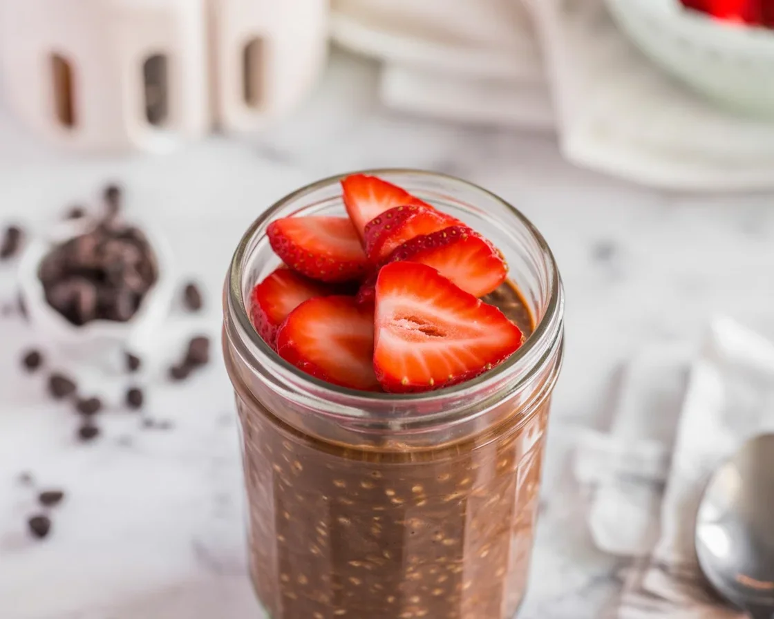 Delicious chocolate chia seed overnight oats topped with fruits and nuts.