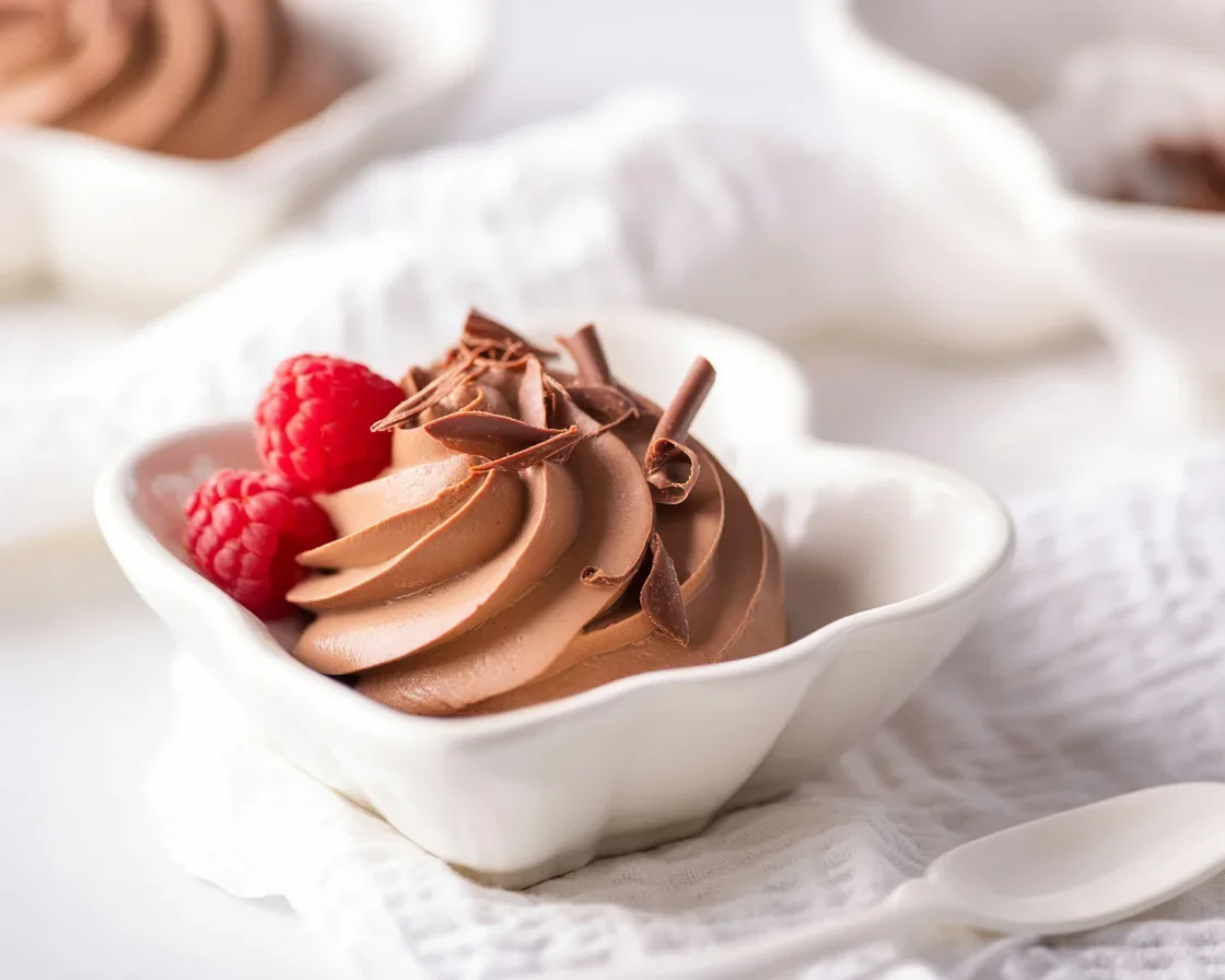 Delicious homemade chocolate mousse topped with fluffy whipped cream.