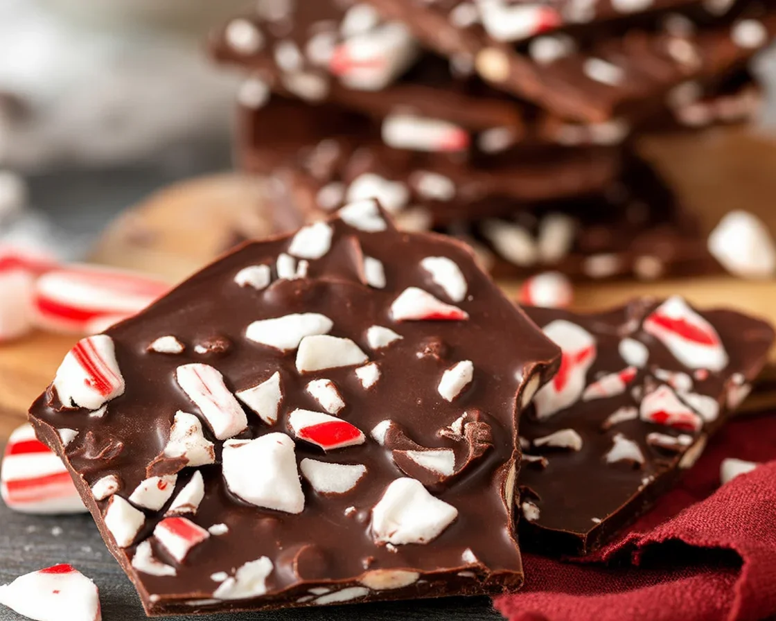 Delicious homemade chocolate peppermint bark made with dark chocolate and crushed candy canes.