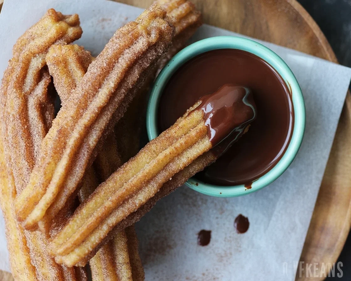 Delicious churros served with rich chocolate dipping sauce for dessert.