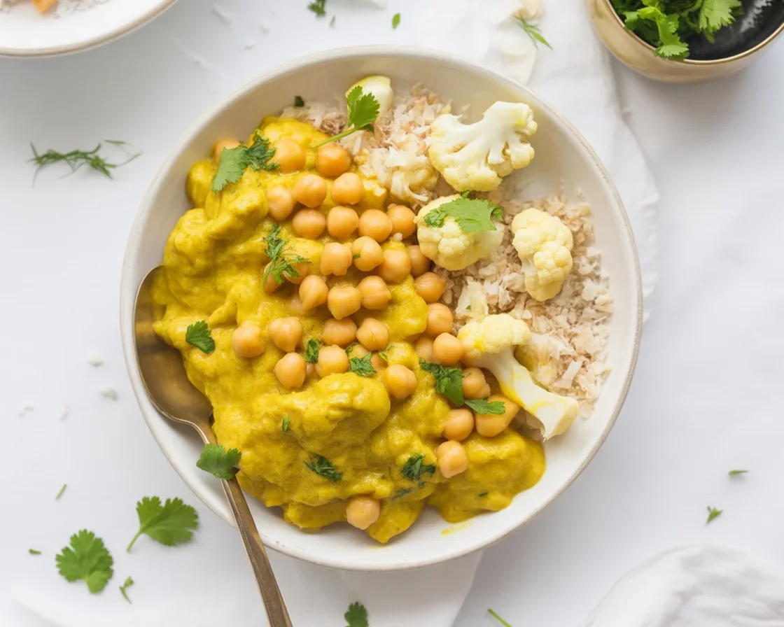 Delicious coconut curry chickpea cauliflower served over rice, a perfect vegan meal.
