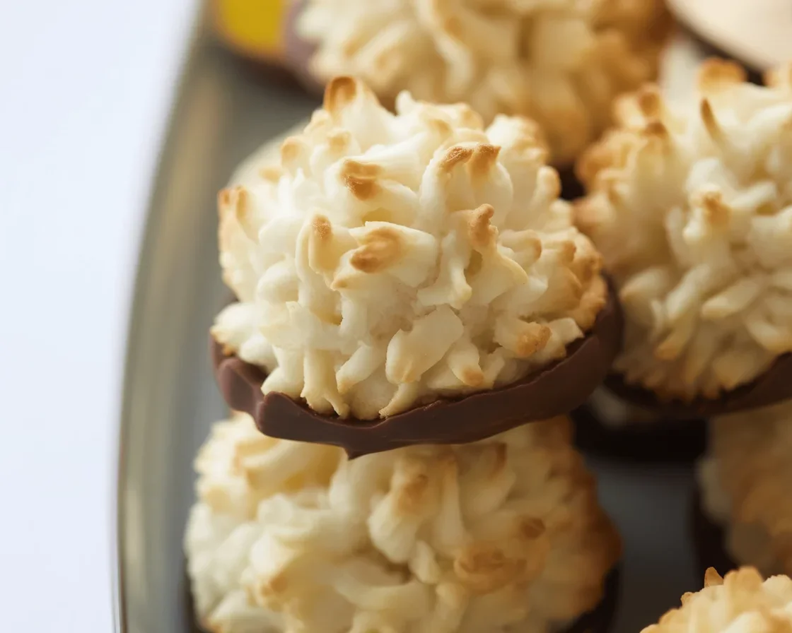 Coconut macaroons made with sweetened condensed milk on a baking sheet.