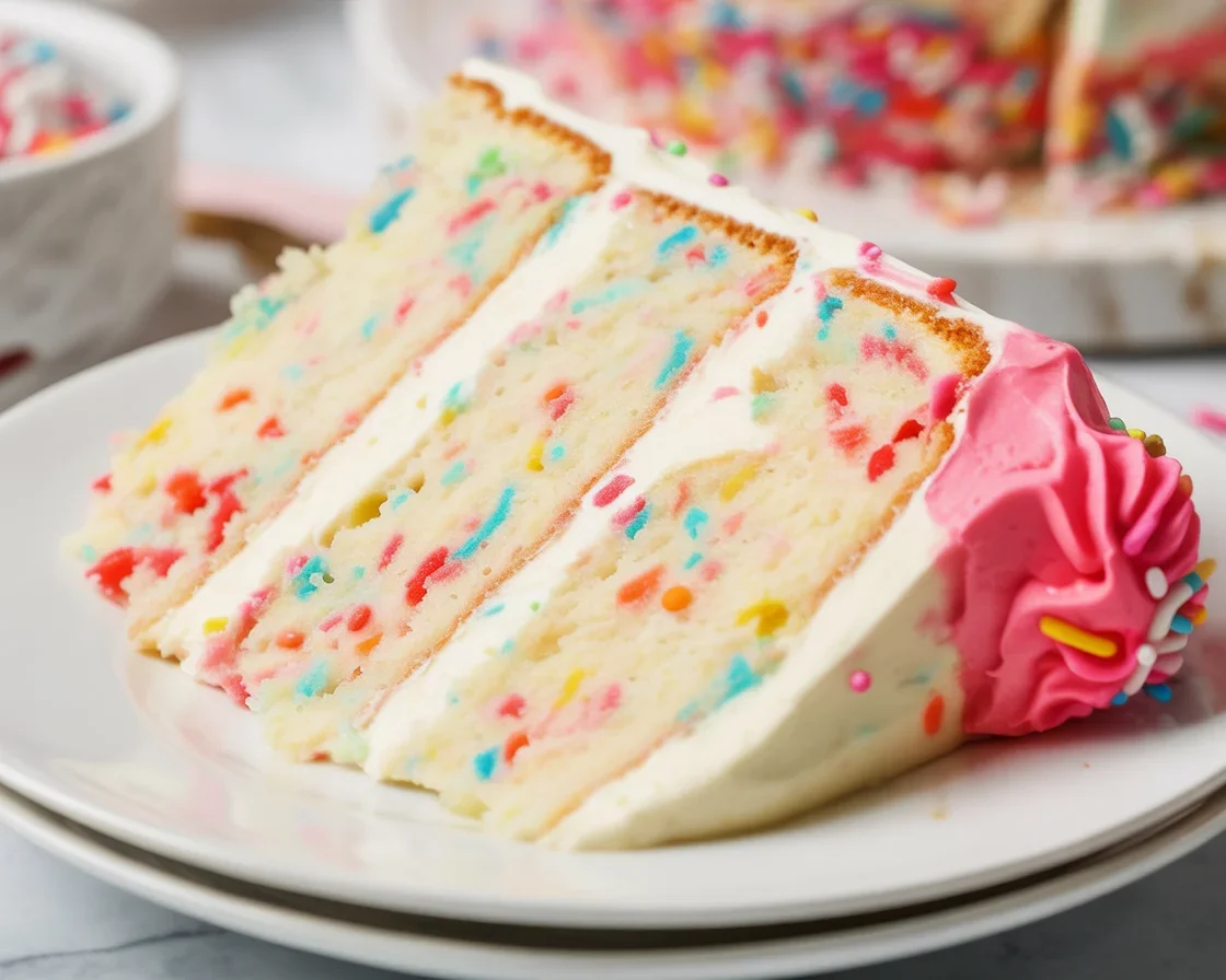 Moist funfetti cake topped with creamy vanilla frosting and colorful sprinkles.