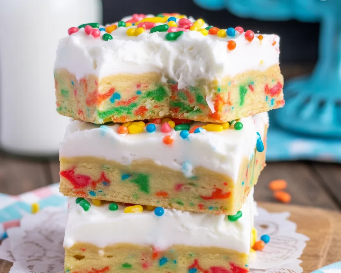 Delicious Funfetti sugar cookie bars topped with vibrant sprinkles