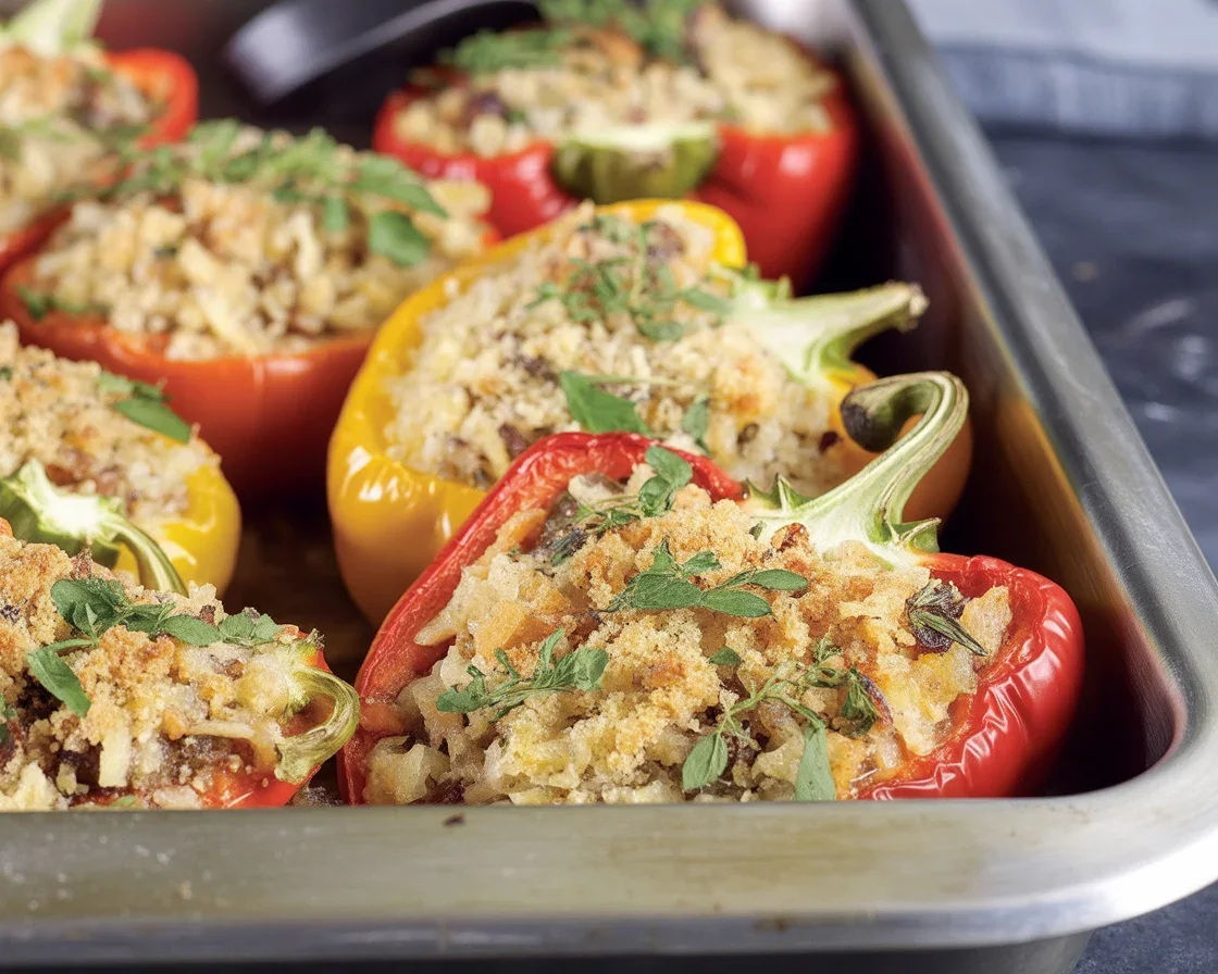 Gluten-free quinoa stuffed bell peppers filled with healthy ingredients.