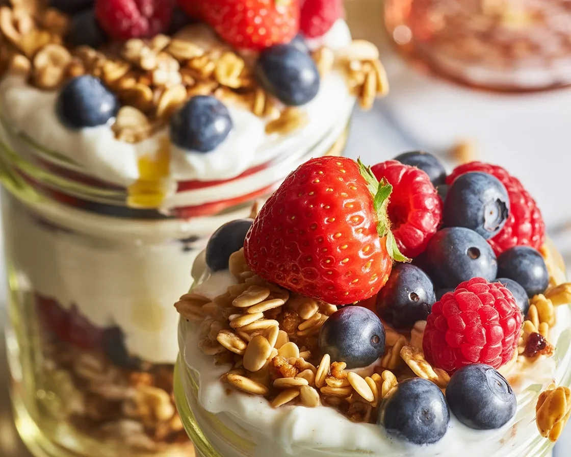 Delicious Greek yogurt parfait layered with granola and fresh berries.
