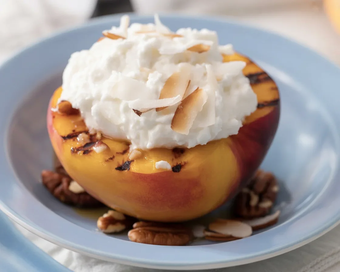 Grilled peaches served in a bowl with cottage cheese, garnished with fresh fruit.