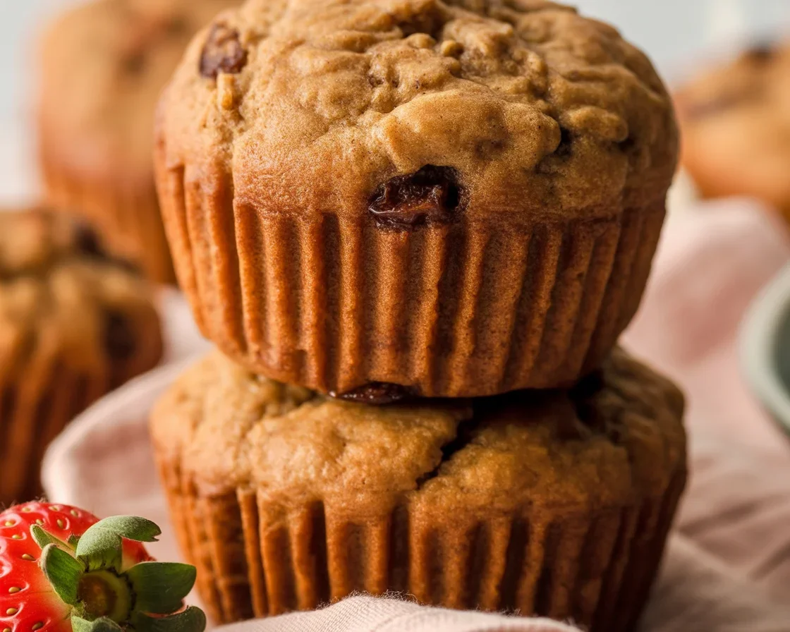 Freshly baked low-sugar bran muffins with raisins on a cooling rack.