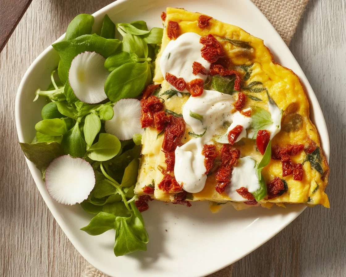 Mozzarella basil zucchini frittata served on a plate with fresh herbs.