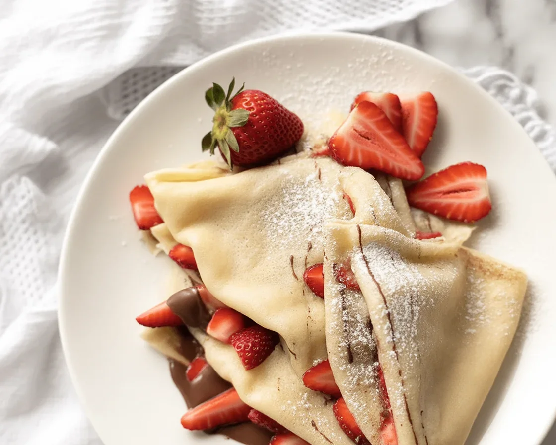 Nutella stuffed crepes with strawberries and whipped cream on a plate.