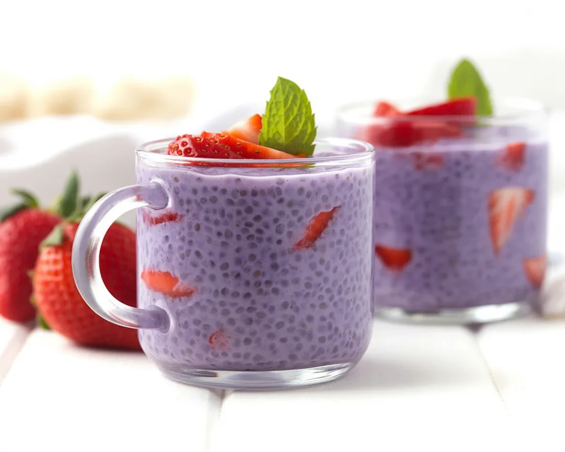 Overnight chia pudding topped with fresh berries in a glass jar.