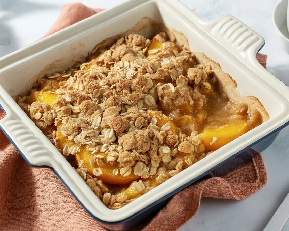Delicious peach crisp with oat topping served warm, ideal for dessert lovers