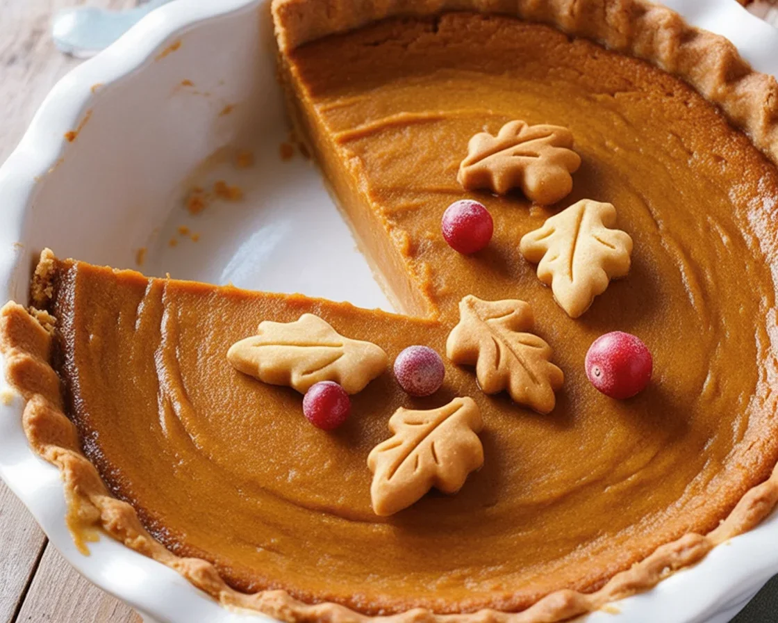 Homemade pumpkin pie with flaky crust and rich filling on a rustic table