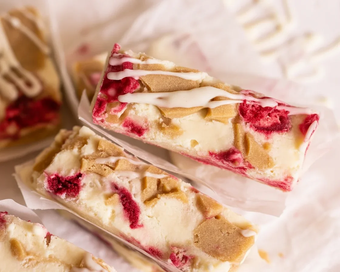 Delicious raspberry white chocolate blondies on a cooling rack.
