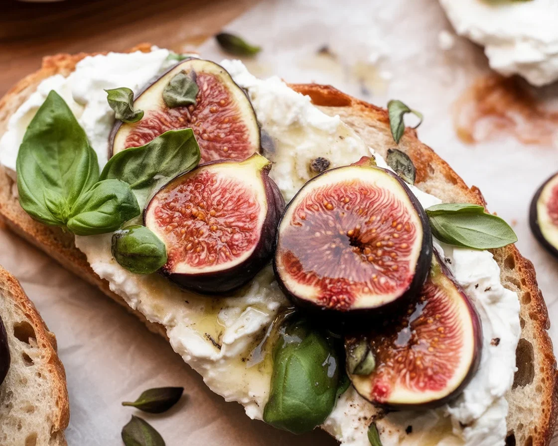 Creamy ricotta toast topped with fresh figs and drizzled with honey on sourdough bread.