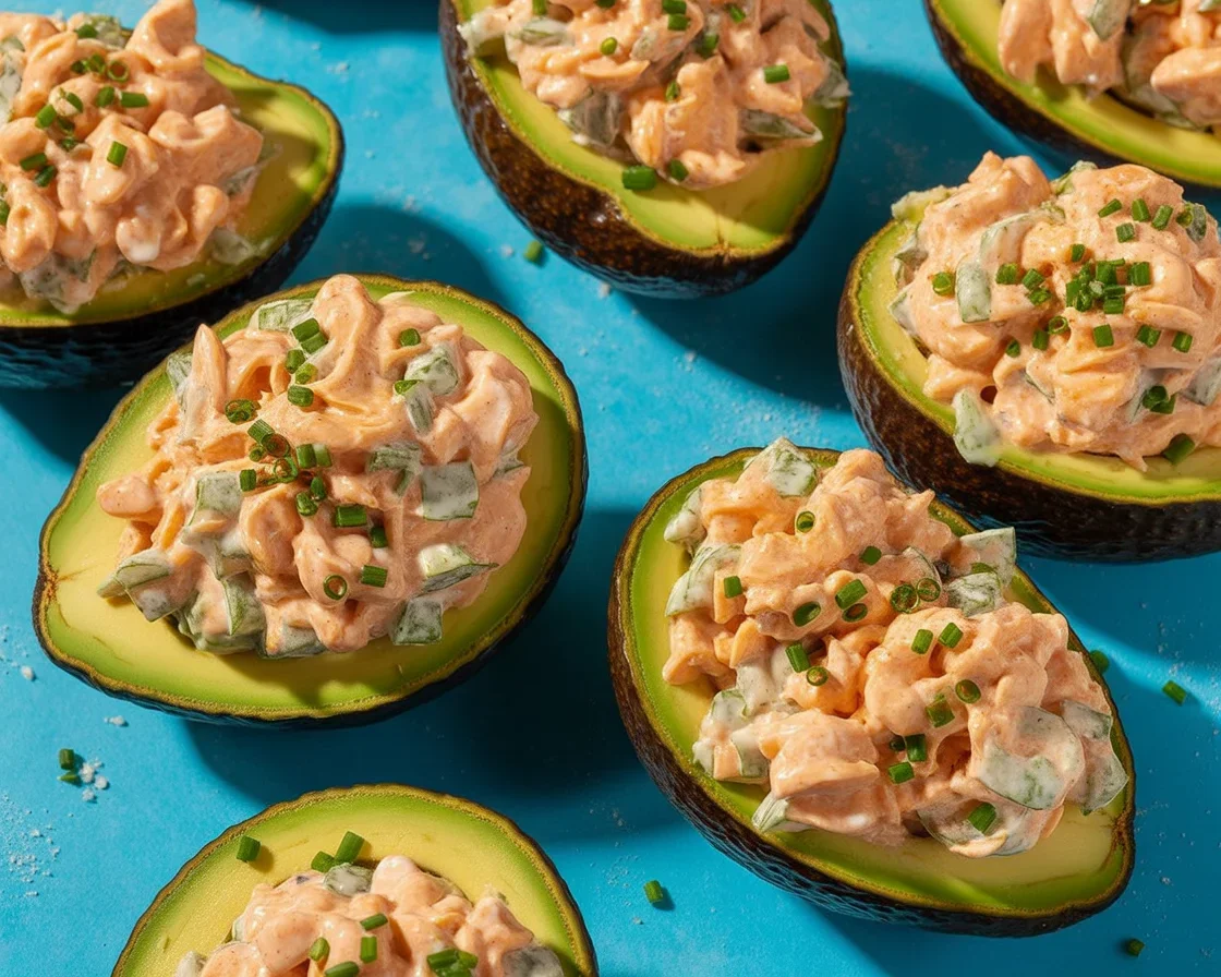 Delicious salmon-stuffed avocados dish with creamy filling and fresh ingredients.