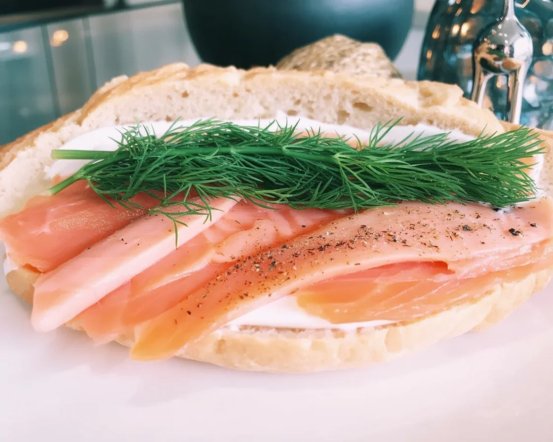 Smoked salmon cream cheese croissant with dill filling in a flaky croissant.