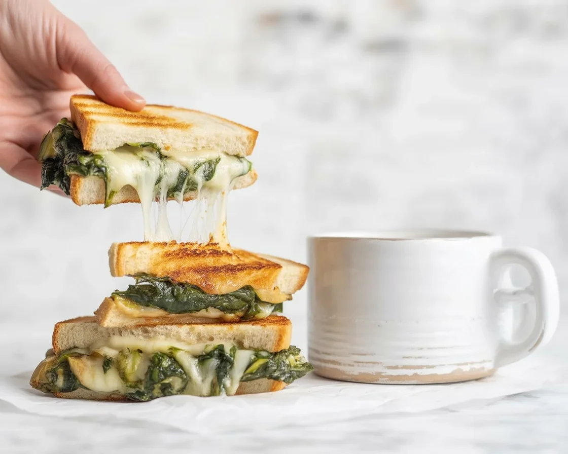 Delicious spinach artichoke grilled cheese sandwich with creamy filling.
