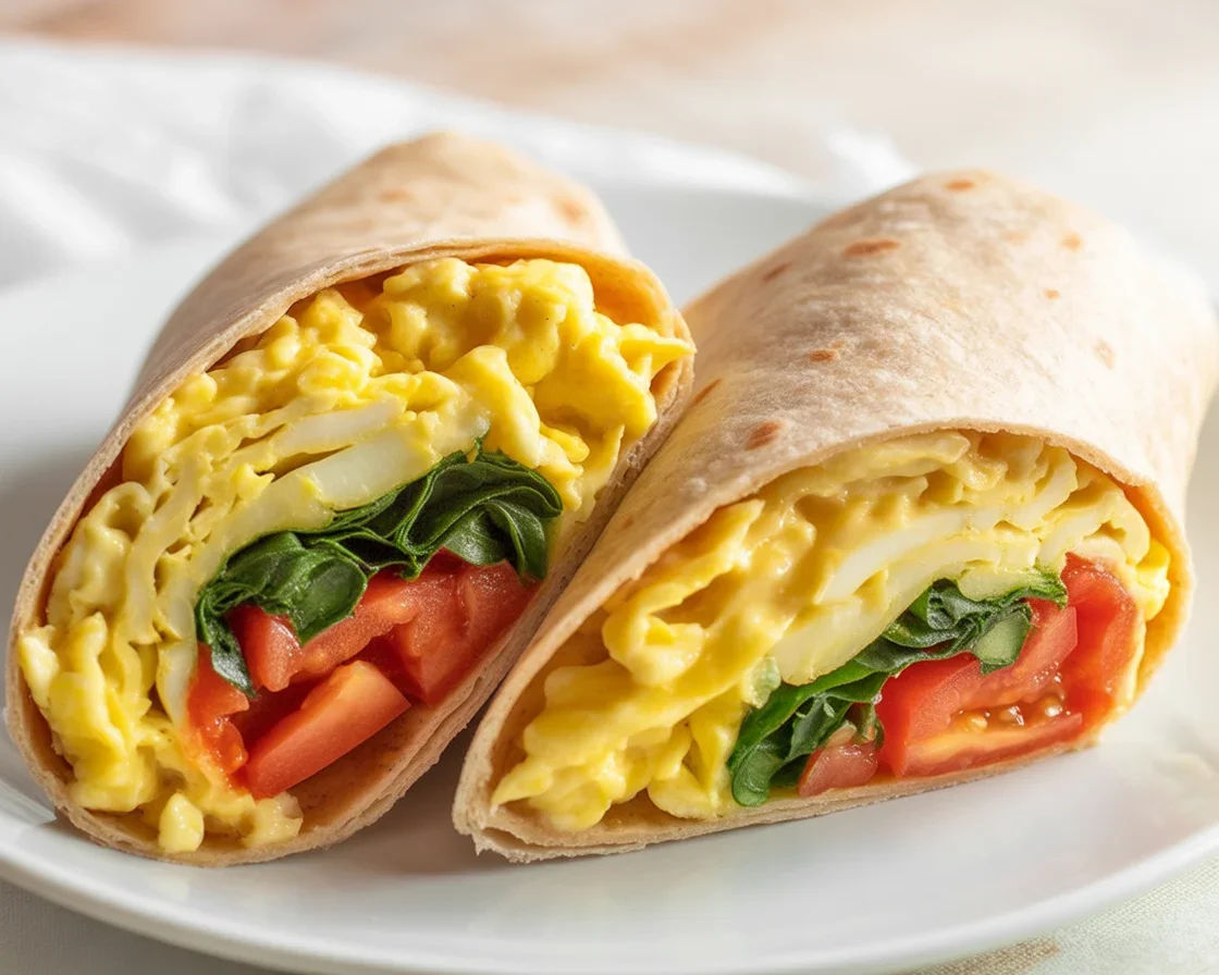 Spinach feta breakfast wrap filled with eggs, fresh spinach, and feta cheese, ideal for meal prep.