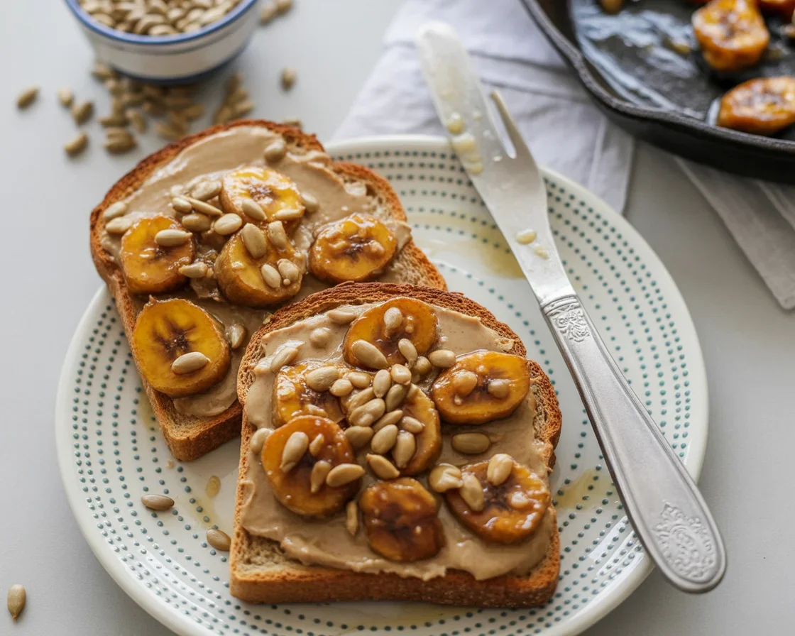 Sunflower seed butter banana toast with caramelized bananas on whole wheat bread