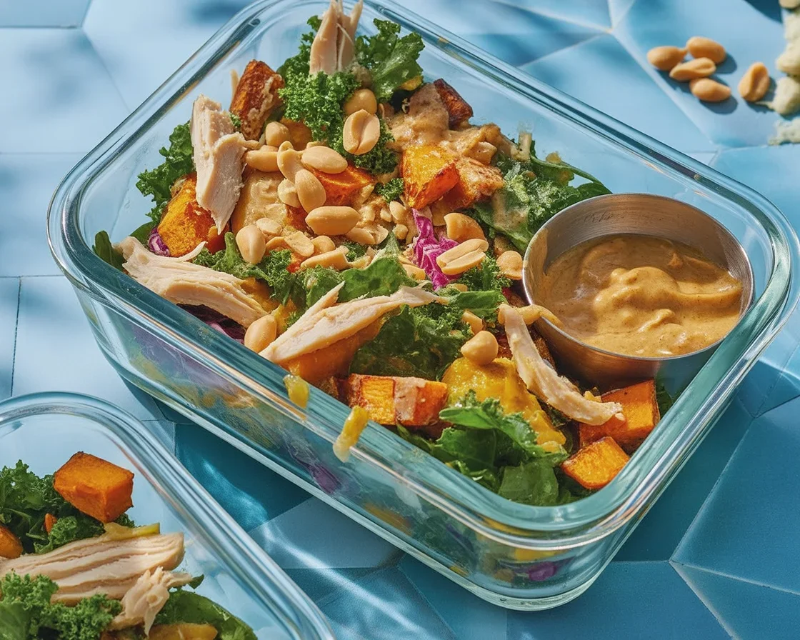 Sweet Potato Kale Chicken Salad with Peanut Dressing served in a bowl.