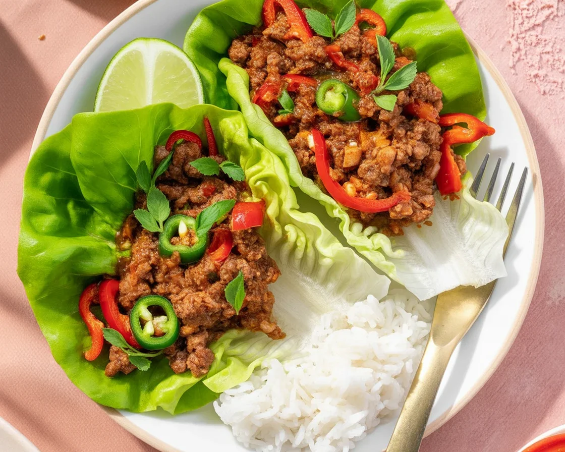 Thai basil beef lettuce wraps served with fresh herbs and vibrant vegetables.