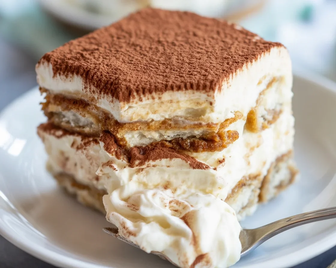 Delicious homemade tiramisu featuring espresso-soaked ladyfingers and creamy mascarpone.